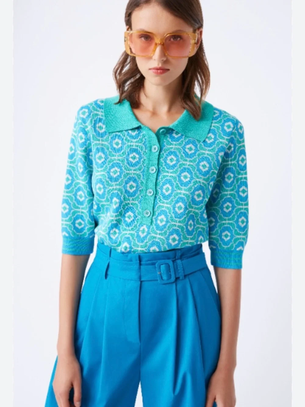 NWT SUNCOO POLKA PATTERNED POLO SWEATER - VERT D'EAU